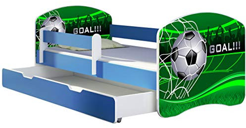 ACMA Kinderbett Jugendbett mit Einer Schublade und Matratze Blau mit Rausfallschutz Lattenrost II 140x70 160x80 180x80 (14 Goal !!!, 160x80 + Bettkasten)