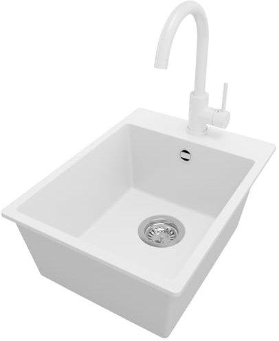 PRIMAGRAN Fregadero Granito Blanco 38x50cm, Cocina 1 Seno + Grifo 32x20cm + Sifón, Sobre encimera al mueble 40cm - Riga