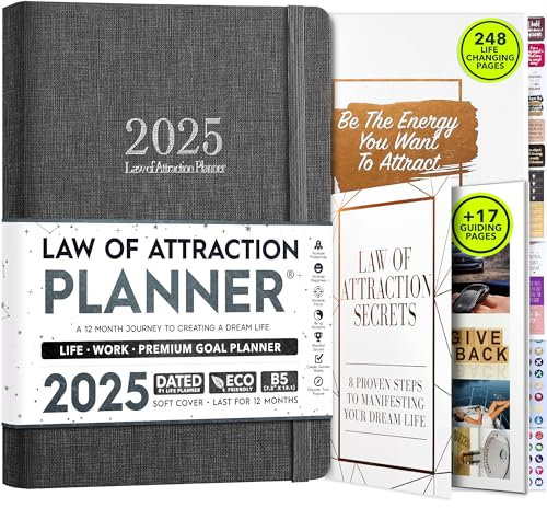 Law of Attraction Terminplaner 2025 - Deluxe Wochen- und Monatsplaner eine 12-monatige Reise zur Steigerung von Produktivität und Glück, Lebensorganisator, Dankbarkeitstagebuch, Aufkleber, Geschenkbox