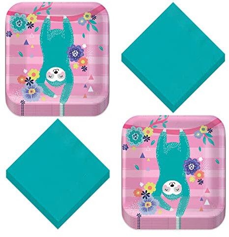 Floral Sloth Teal and Pink Square Paper Dessert Plates and Beverage Napkins (Serves 16)