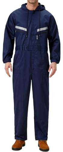 Yukirtiq Men's Workwear Hooded Boilersuit Coverall with Multi Pockets, Heavy Duty Polycotton Overall Trousers Mechanics Boiler Suit with Reflective Tape, Navy Blue, XS