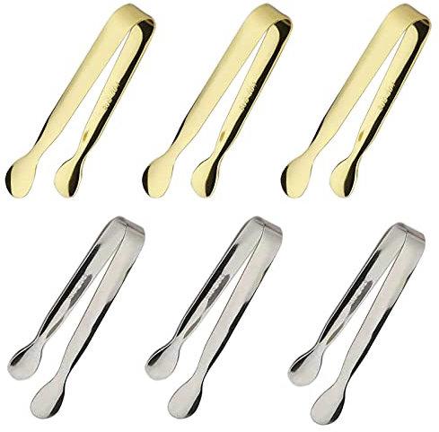 6PCS Ice Tongs Mini Sugar Tongs 4.25Inch Tongs for Serving Food Small Serving Tongs, Kitchen Tongs for Appetizers,Tea Party, Coffee Bar, Desserts by Sunenlyst (Silver and Gold)