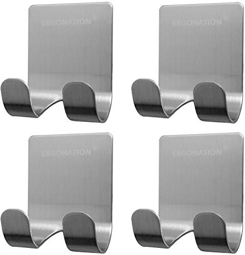 Ergonation Selbstklebender Rasiererhalter aus Edelstahl für Badezimmer, Dusche und Badewanne | Wasserdichter Halter/Wandhaken für Rasierer, Handtücher, Schlüssel, Regenschirme, Kabel (Silber, 4)