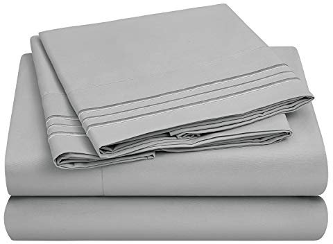 HOMEIDEAS 4 Piece 3-Line Embossed Bed Sheets Set Extra Soft Brushed Microfiber 1800 Bedding Sheets Deep Pocket, Wrinkle & Fade Free (Super King, Light gray)