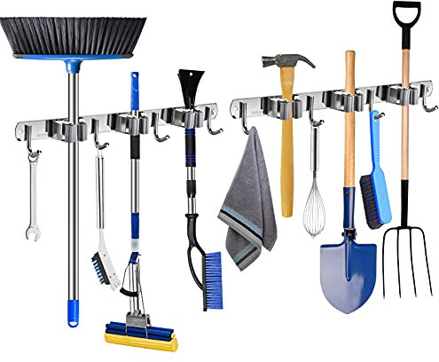 ONMIER Broom Holder Wall Mount Stainless Steel Mop and Broom Holder Wall Mounted Broom Tools Storage Organizer with 3 Racks 4 Hooks for Home Kitchen Garden Laundry Room (2 PACK)