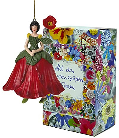Fiebiger Floristik Blumen-Mädchen Mohnblume zum Hängen Flower Fairy Figur Elfen-Dekofigur Blumenkind Blumenskulptur in Geschenk-Box