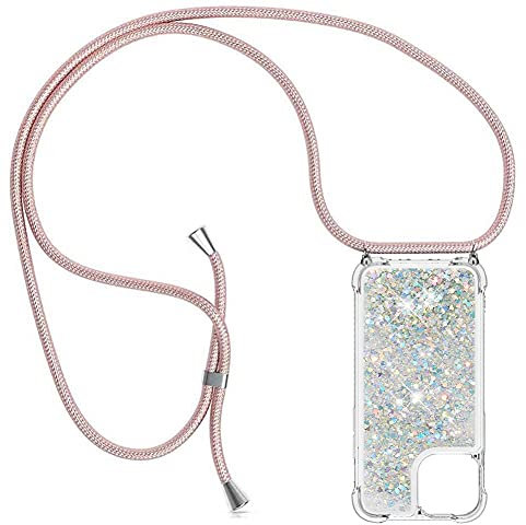 YuhooTech Handykette Hülle Kompatibel mit iPhone 13 Mini Handyhülle Quicksand Glitzer Hülle mit Band - Silikon Handyhülle mit Kordel Umhängenband - Schnur mit Treibsand Case zum Umhängen