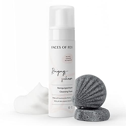 Cleanser Set zur Gesichtsreinigung für ölige, unreine Haut - FACES OF FEY Milder Reinigungsschaum fürs Gesicht (200 ml) & Bio Konjac Schwamm mit Aktivkohle (2 Stück)