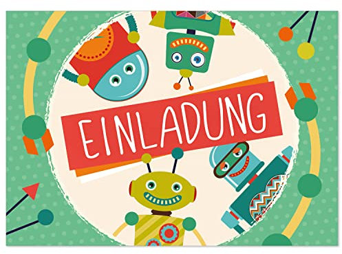 8 Einladungskarten Kindergeburtstag mit Umschlägen, Roboter, Karte Geburtstag Einladung zum Ausfüllen