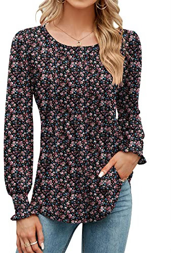 Rapbin Women Long Sleeve Tops Pleated Tunic Shirt Loose T-Shirt O Neck Blouses Floral Pleated Longine Shirts for Ladies red Print L