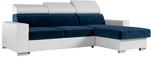 MKS MEBLE Ecksofa Wohnzimmer - Wohnlandschaft - L-Form Couch mit Schlaffunktion - Bettsofa - Wohnzimmer L Couch - Polstersofa mit Bettkasten - Fox Marineblau Weiß