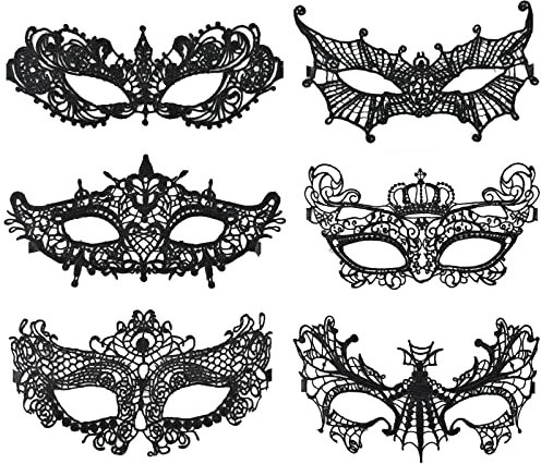 Spitze Augenmaske Sexy 6 Stück Venezianische Maske Damen Schwarz für Fasching Maskerade Masquerade Halloween Karneval Cosplay Party Kostüm Ball Gothic Gesichtsmaske