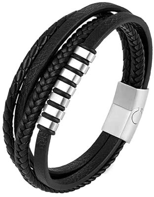 PiercingJak Herren Armband Breit Lederarmband für Männer Armreif Schwarz geflochten Echtleder Wickel Edelstahl Perlen Charm Schmuck Geburtstag Geschenke Mann Biker Vater Bruder, 22cm