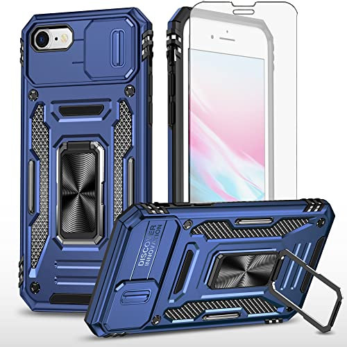 Asuwish Phone Case for iPhone 7/8/SE 2020/2022 with Screen Protector Cover and Slide Camera Magnetic Ring Holder Stand iPhone7 iPhone8 7s 8s i i7 SE2020 SE2022 2/2nd/3/3rd SE2 SE3 Women Men Navy Blue
