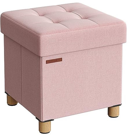 SONGMICS Sgabello portaoggetti piccolo pouf pieghevole, 38 x 38 x 40 cm, poggiapiedi cubico con deposito, carico fino a 300 kg, per soggiorno, camera da letto, dormitorio, rosa caramella LSF014P11