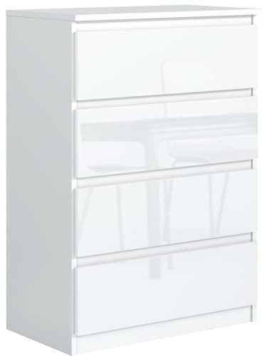 meble masztalerz Kommode 70 cm Weiss mit Hochglanz-Fronten mit 4 Schubladen - 70 x 102 x 39 cm - Sideboard Wohnzimmer, Schlafzimmer - Schubladenschrank - Komodenschrank