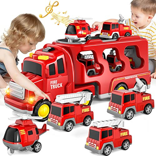 Jouets de Camion de Pompiers pour 1 2 3 4 5 6 Ans garçons Toddler, 5 en 1 Kids Carrier Toy Birthday, Auto Friction Power Toys with Light Sound