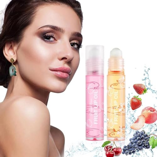 Lippenöl Durchsichtig,Glitzer Lipgloss Aufrollen,Farbloses transparentes Lippenöl,Fruity Moisturizing Lip Oil,Farblos Lipgloss Durchsichtig,Fruity Lip Gloss,Pfirsiche/Orangen, 2 Stück