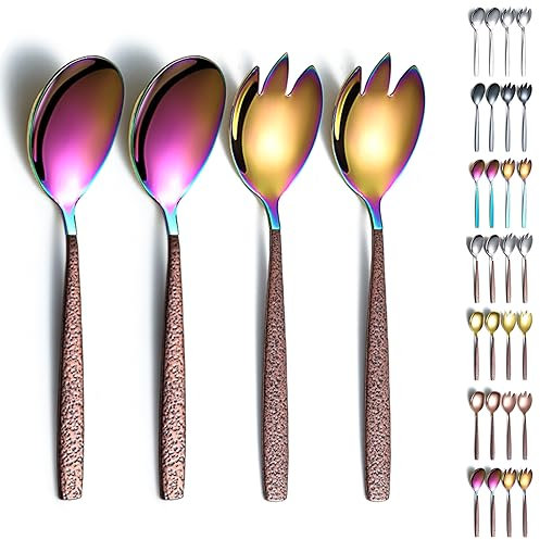 Evanda Cubiertos para Servir Ensalada, Juego de Servir Ensalada de Acero Inoxidable Mango Marrón y Cabeza Brillante de Colores, Cuchara de Ensalada, Servidores de Ensalada, Pack de 4