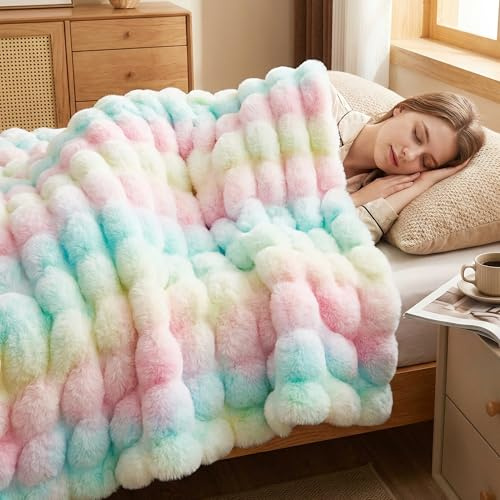 DREAMNINE Dekorative, Bunte, weiche, Dicke Kunstfell-Überwurfdecke für Kinder, Mädchen, Frauen, 127 x 152,4 cm, luxuriöse Regenbogen-Fleece-Decken, Flauschige Decke, warm, gemütlich, Plüschdecke für