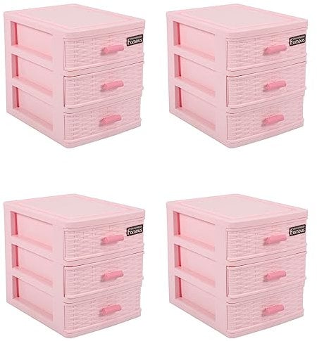 Fegtrty 4 scatole portaoggetti in plastica con cassetti a 3 scomparti, colore: rosa