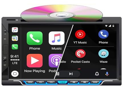 Autoradio doppio DIN con lettore CD/DVD, CarPlay wireless e Android Auto Autoradio touch screen da 7 pollici Supporta Bluetooth AM/FM Mirror Link USB/TF/AUX
