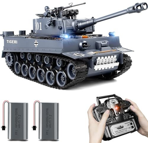 RC Panzer 1/18 Deutscher Tiger I, 2.4GHz Panzer Ferngesteuert, WW2 Panzer Modell, Kampfpanzer mit Rauch, Panzer Spielzeug mit Licht und Sound, Militärspielzeug für Erwachsene und Kinder