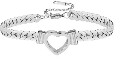 OIDEA Bracelet femme cœur en acier argenté : épais cubain Miami Bracelet réglable hypoallergénique avec cœur cordon Bijoux Hiphop Punk élégant cadeau fille femme fête des mères et fille, Taglia unica,