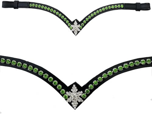 Leone Equipment Stirnriemen Pferd Glitzer in Geschenkbox (X-Full/X-Warmblut, Grüne Steine/Schwarz Leder)