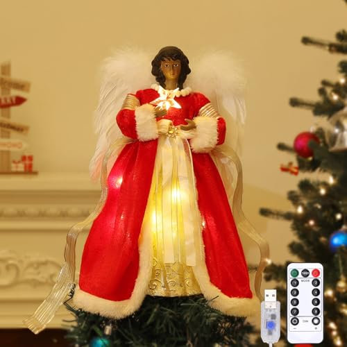 Lewondr Christbaumspitze Engel, 12 Zoll Glitzernd African American Engel Baumspitze mit Timer, USB-betrieben Fernbedienung Tannenbaum Spitze für Weihnachtsbaum Weihnachten Party Innen, Rosa