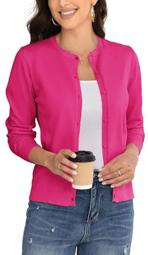 BERESIA Cardigan à Manches Longues Et Col Ras du Cou pour Femme, Cardigan Classique en Tricot Doux pour Femme, Rose Foncé, M