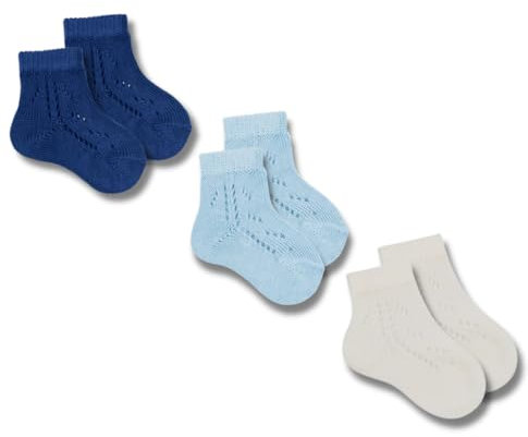 Coccoli | 3 Paia di Calzini Corti Neonato in Cotone Elasticizzato con Motivo Traforato, Calzini Traforati Neonato a Tinta Unita, Made in Italy (azzurro-panna-blu, 18/19)