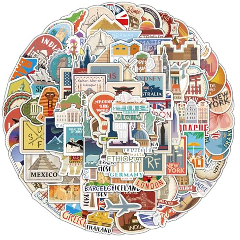 100PCS World Travel Stickers, Waterproof Vintage City Landmark Vinyl Decals for Scrapbook Water Bottle Laptop Travel Journal Luggage Teens Adults Decorating