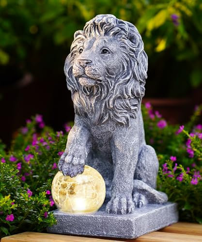 Nacome Statue de jardin lion gardien solaire : sculpture de décoration extérieure aspect grès naturel ornement extérieur cour art porche patio – Choix d'anniversaire unique pour femme, maman amoureuse