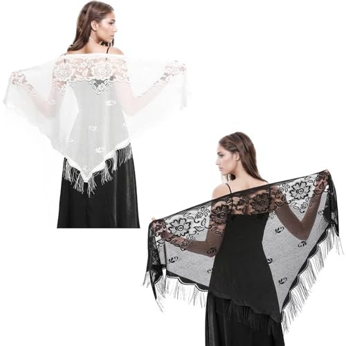 Oruola 2 Stück Dreieck Spitze Stola,Festliche Stola Schwarz und Weiß mit Quasten für Abendparty,Dreieck Spitze Geometric Stolas,Schultertuch Damen für Abendkleid,Sommer Stolas für Damen,Large