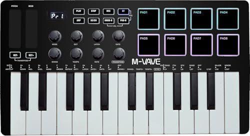 M-VAVE 25 Keys 8 Backlit Drum Pads MIDI Keyboard – Professional Beat Maker and Keytar for Keyboard Music Production Builtin Battery Wireless Connect Black