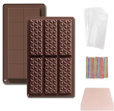 Deep Chocolate Moulds Silicone - 2 Pcs Thick Chocolates Bar Molds with Treat Bags and Spatula, Chocolate Bar Mould Sweet Candy Jelly Moulds for DIY Baking