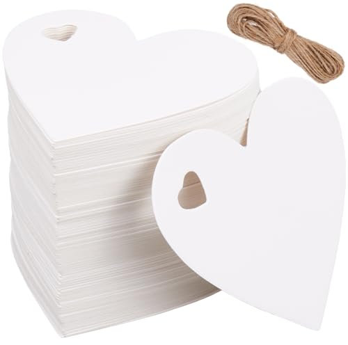 SOFPLATE 200 Stück Blanke Herz Preisschilder Für Kunsthandwerksausstellungen Mit Juteschnur Klein Weiß 6 x 6.5cm Papier Zum Aufhängen Beschreibbare Preisschilder Mit Namen Zum Verpacken Auszeichnen H