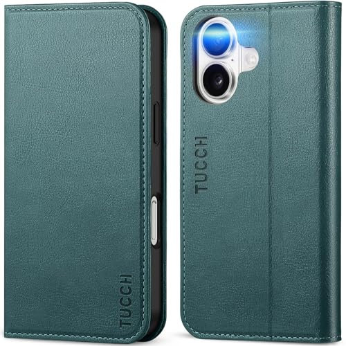 TUCCH Case for iPhone 16 (6.1) 2024, Protective PU Leather Wallet Flip Folding Book Case Cover with[RFID Blocking][Viewing Stand][Shockproof TPU][Card Holders]Compatible with iPhone 16 5G, Teal Blue