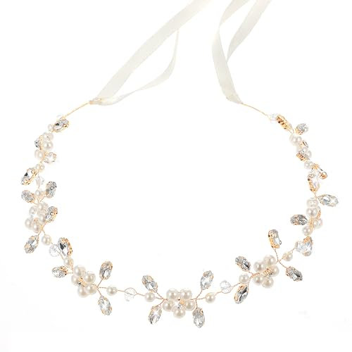 Perlen Haarschmuck Hochzeit Strass Blumen Haarreif Damen Blumenmädchen Haarschmuck Braut Kristall Perle Prinzessin Stirnbänder mit Luftschlangen für Hochzeit Geburtstags Party (Gold)