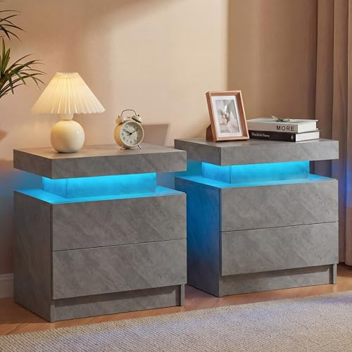 Cubehom LED Bedside Table with 2 Drawers Modern Bedside Table LED Nightstands for Bedroom (Gray, 2PCS)