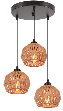 LIGKIN 3 Luci Lampadario Industriale Vintage Lampada a sospensione Paralume in Metallo Corda di canapa E27 Illuminazione a Soffitto Retro per Ristorante Soggiorno