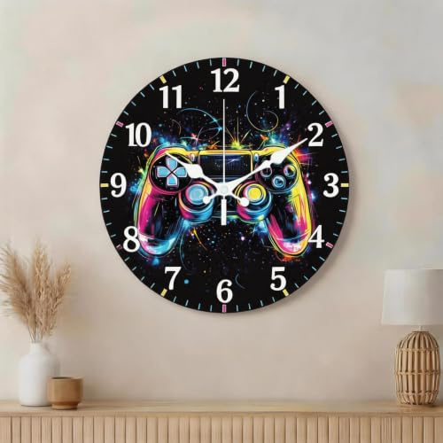 CHGCRAFT 12 Inch Colourful Gamepad Pattern Round Wall Clock Battery Operated Silent Non Ticking Hanging Clock for Bedroom Living Room Kitchen Office Home Decor