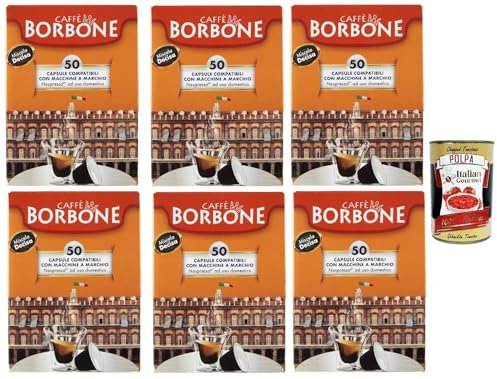 Caffè Borbone, Mélange Decisa, Capsules - Compatibles avec les machines à café à usage domestique Nespresso*, 6x Lot de 50 Capsules de café + Italian Gourmet polpa 400g