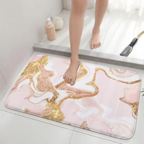Luxury Memory Foam Bathroom Mat, Pink Marble and Gold Design, 60 x 40 cm, Ultra Soft Bath Mat, Non Slip Bath Mat, Rose Gold Marble