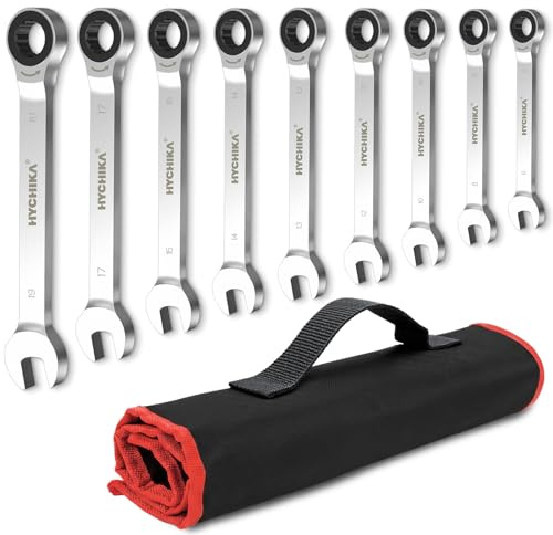 HYCHIKA Ratchet Spanner Sets, 9PCS Combination Wrenches | 72 Tooth Ratchet Gear 6-19 mm Metric Spanner Set, Fixed Head Combination Spanner Set in Roll Bag