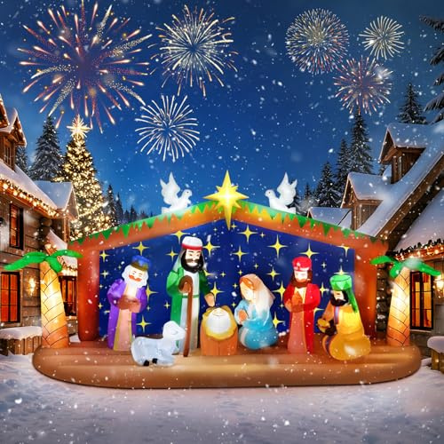 EBANKU 12FT Nacimiento Inflable Navideño Luces Integradas, Decoración Inflable Navideña para Exteriores con el Nacimiento de Jesús, Ideal para Fiestas Navideñas, Jardín, Césped e Interiores