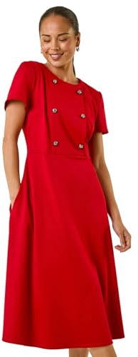 Roman Petite Button Stretch Midi Dress for Women UK - Ladies Everyday Autumn Winter Round Neckline Comfy Soft Evening Vacation Work Party Night Out - Petite Red - Size 14