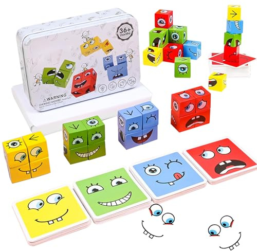 Ausdruck Holzwürfel Puzzle, Spiel Puzzle Bauwürfel,Bunte Zauberwürfel Baustein Spielzeug Set,Interaktives Emoji Holzwürfel Puzzle,Pädagogisches Montessori Spielzeug für Kinder Ab 3 Jahren