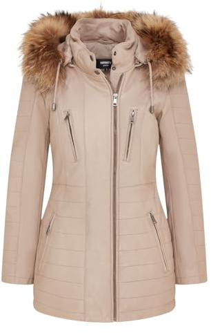 Women's Beige Leather Parka Jacket Quilted Detachable Hooded Trench Coat